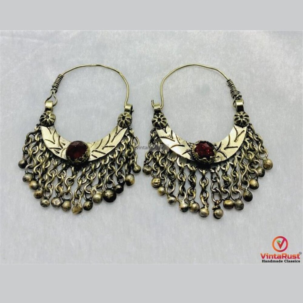 Vintage Afghan Kuchi Hoop Earrings with Red Stone: Tribal Boho Dangle Earrings